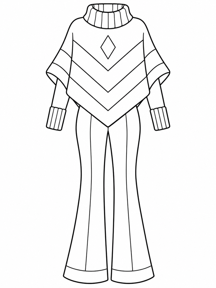 Folded-neck poncho sweater with broad chevron bands and a central diamond above bootcut pants