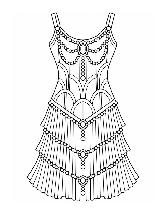 Art Deco flapper dress with beaded neckline, geometric panels, and tiered fringe coloring page