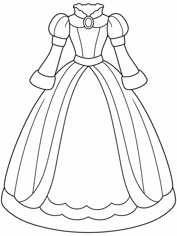 Princess gown with a high scalloped collar, oval neckline brooch, puffed shoulders, and arched skirt panel