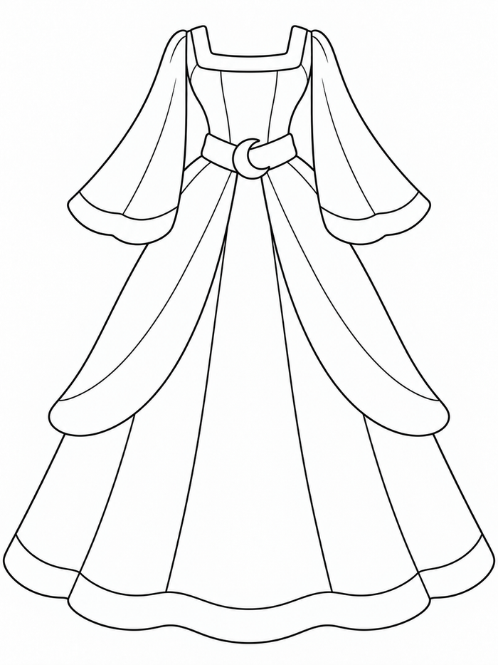 Princess gown with a square neckline, draped cape sleeves, crescent moon clasp, and flowing skirt panels