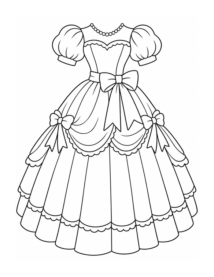 Ornate Victorian ball gown with puff sleeves, bows, draped skirt panels, and layered ruffles coloring page