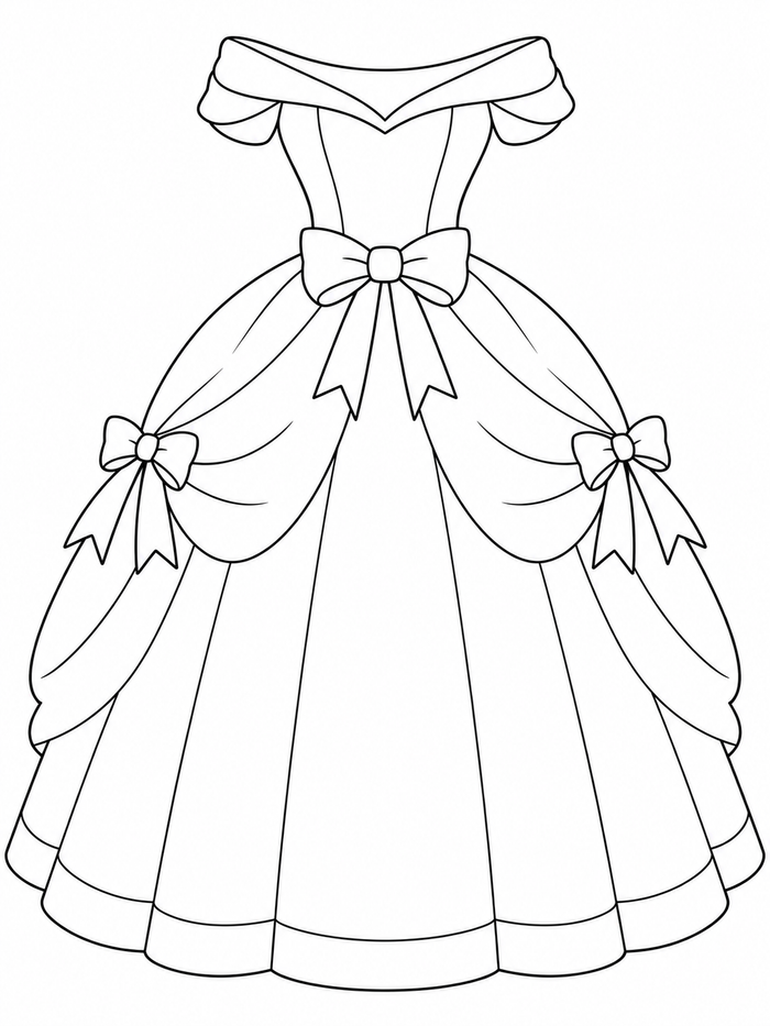 Off-shoulder princess gown with a waist bow, two side bows, and a full draped skirt