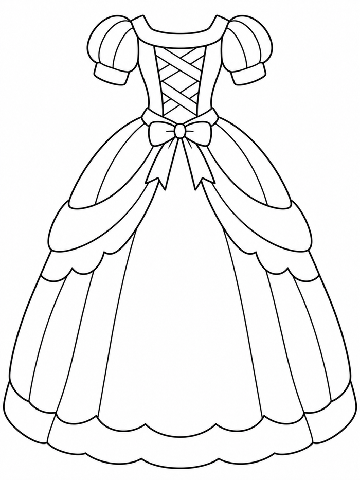 Princess dress with short puff sleeves, a ribbon-laced bodice, waist bow, and scalloped layered skirt