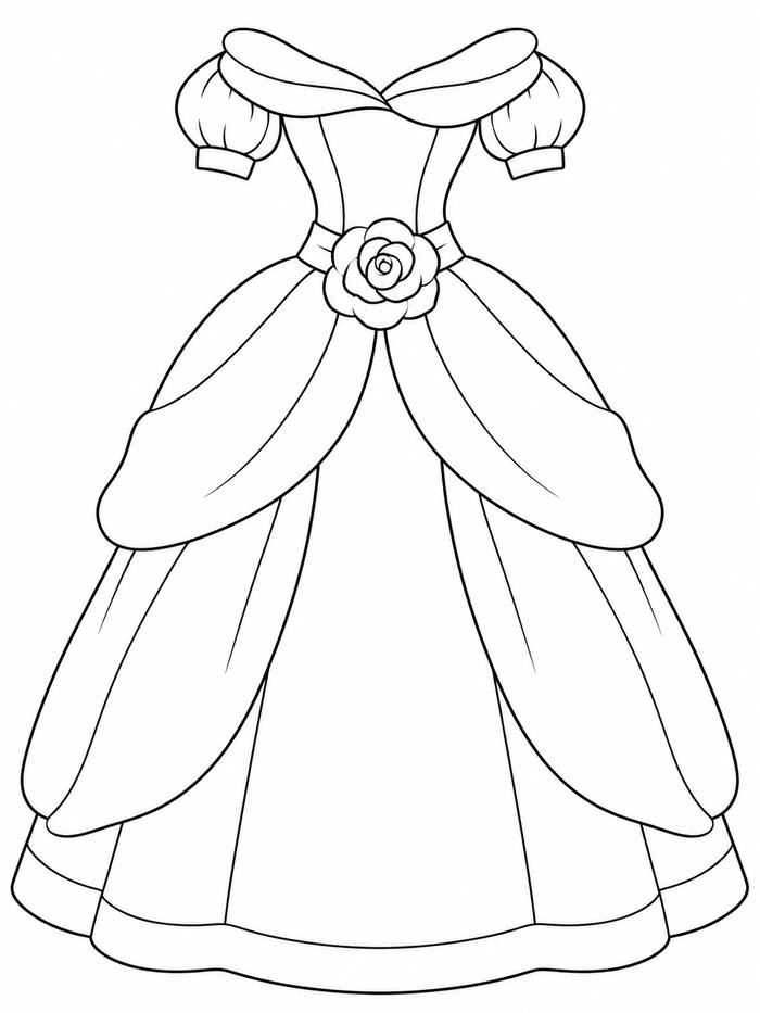 Princess dress with a folded petal neckline, puff sleeves, one rose at the waist, and draped skirt layers