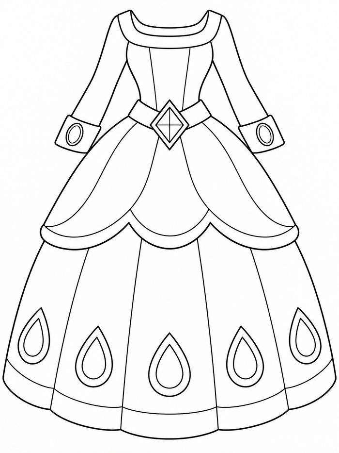 Long-sleeved princess gown with oval cuff jewels, a diamond waist jewel, and teardrop skirt ornaments