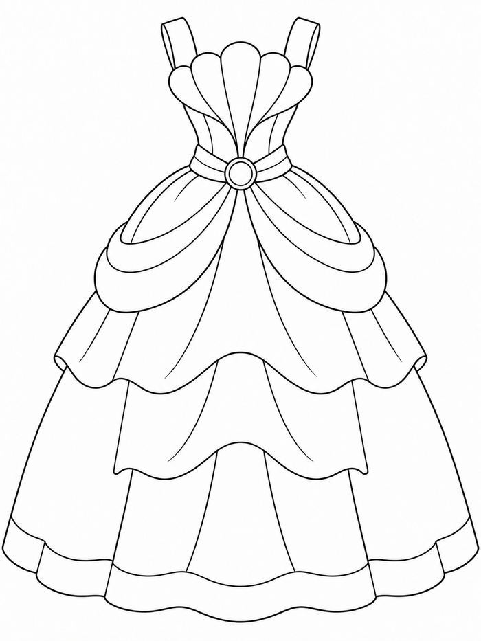 Princess gown with shoulder straps, a seashell-shaped bodice, round waist clasp, and plain layered skirt