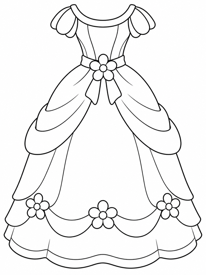 Princess dress with short petal sleeves, rounded skirt layers, and flowers at the waist and lower drape