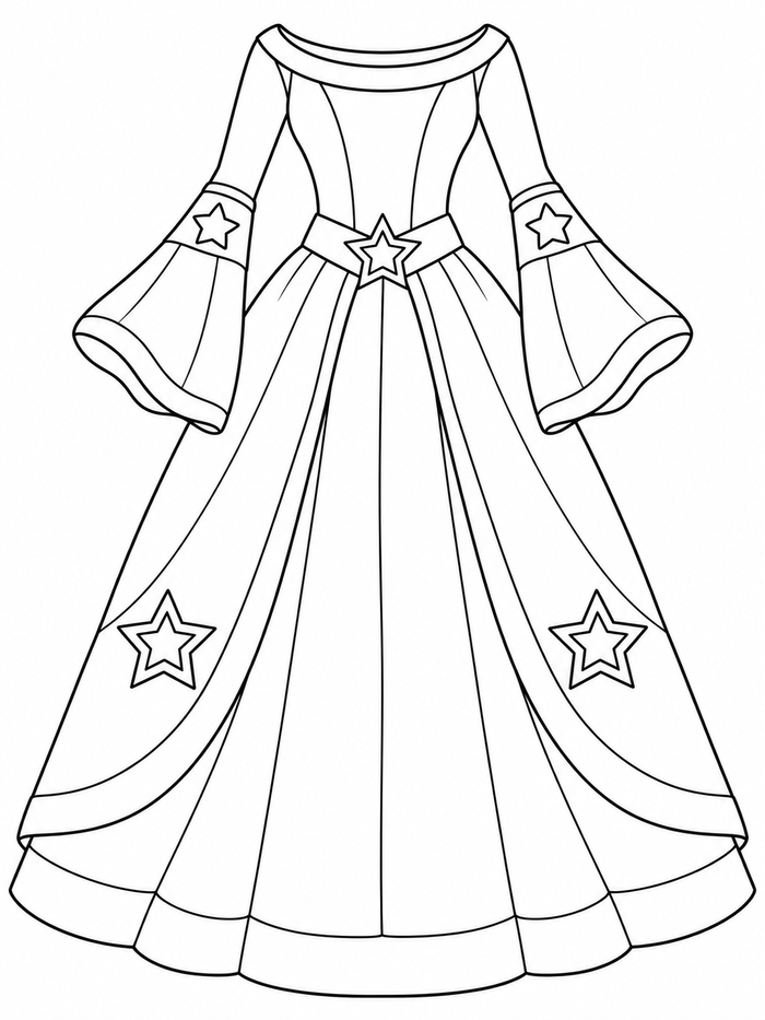 Long princess gown with bell sleeves, a star buckle, star ornaments, and broad skirt panels