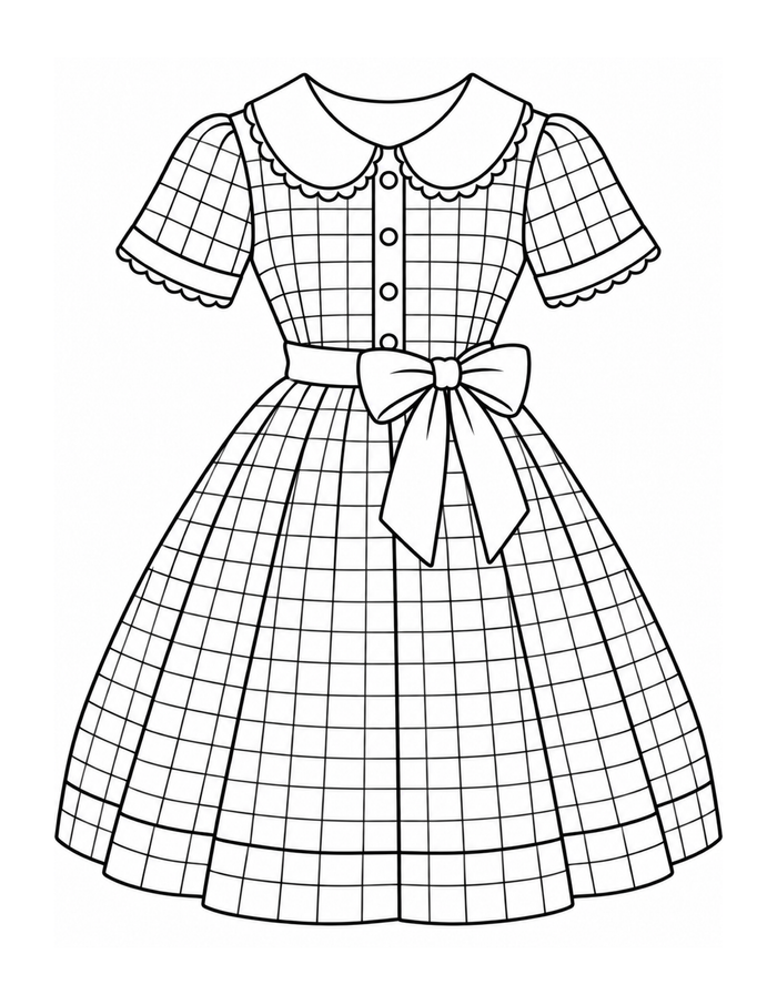 Vintage gingham dress with Peter Pan collar, buttons, fitted waist, and large bow coloring page