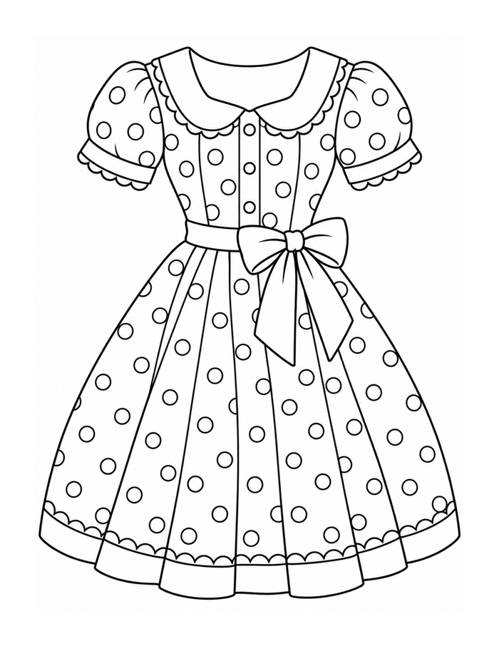 Vintage polka-dot dress with puff sleeves, Peter Pan collar, full skirt, and waist bow coloring page