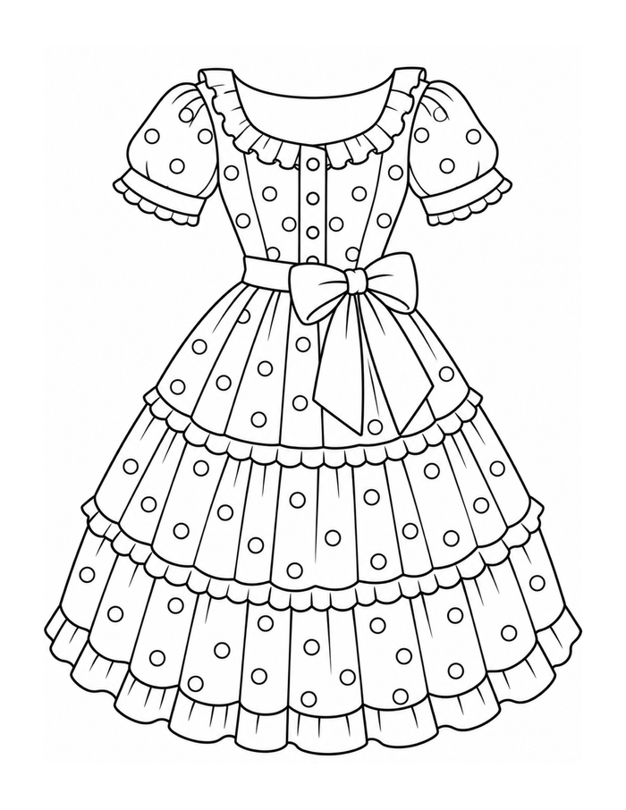 Vintage polka-dot ruffle dress with puff sleeves, waist bow, and tiered ruffled skirt coloring page