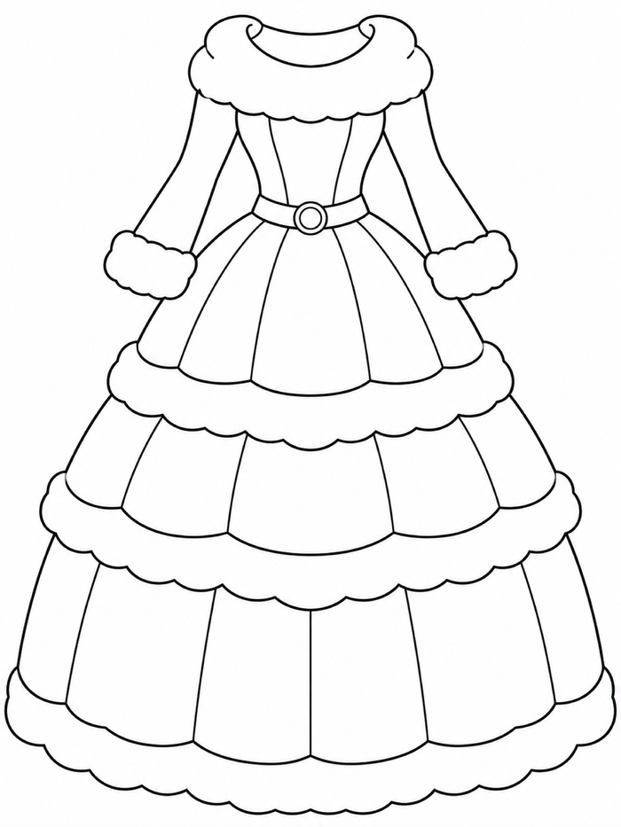 Winter princess gown with a scalloped plush-style collar, long sleeves, matching cuffs, and three skirt tiers
