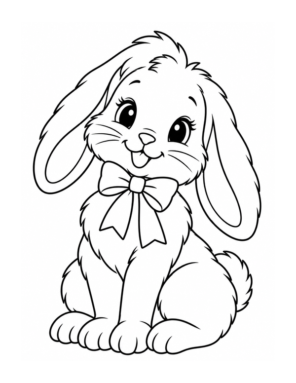 Fluffy Easter bunny wearing a bow coloring page
