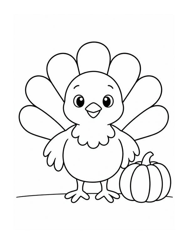 Happy simple Thanksgiving turkey standing beside a pumpkin coloring page