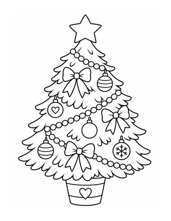 Merry little Christmas tree with bows, ornaments and a star coloring page