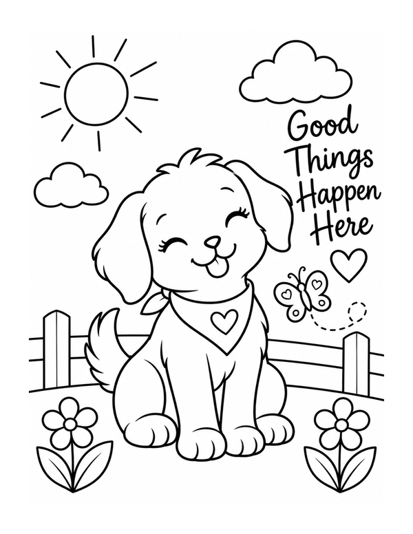 Happy puppy beside the words Good Things Happen Here inspirational coloring page
