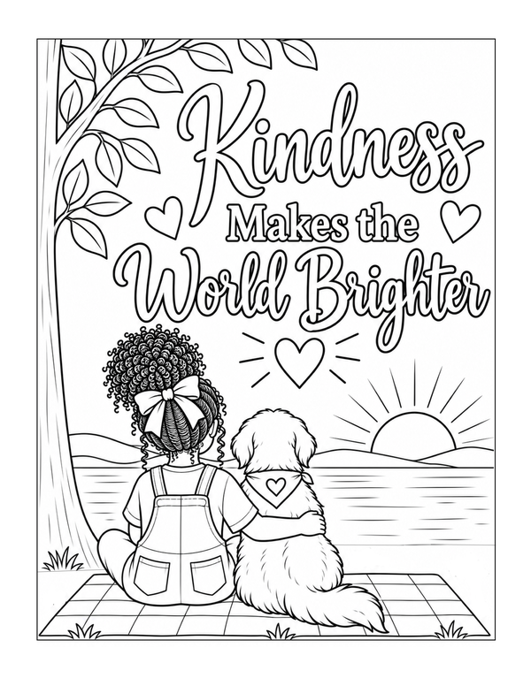 Girl and dog watching the sunrise beneath Kindness Makes the World Brighter inspirational coloring page