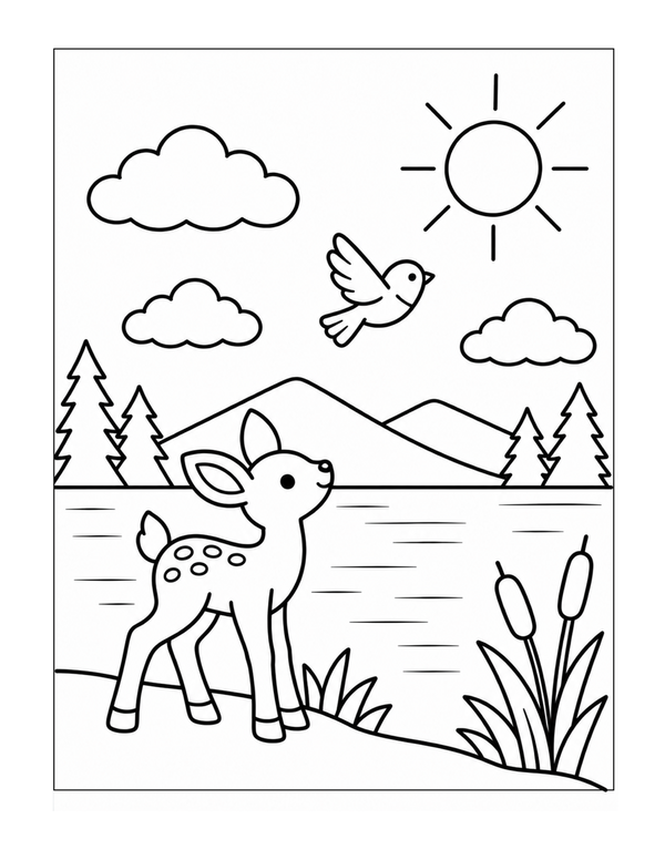 Little spotted fawn beside a sunny mountain lake coloring page
