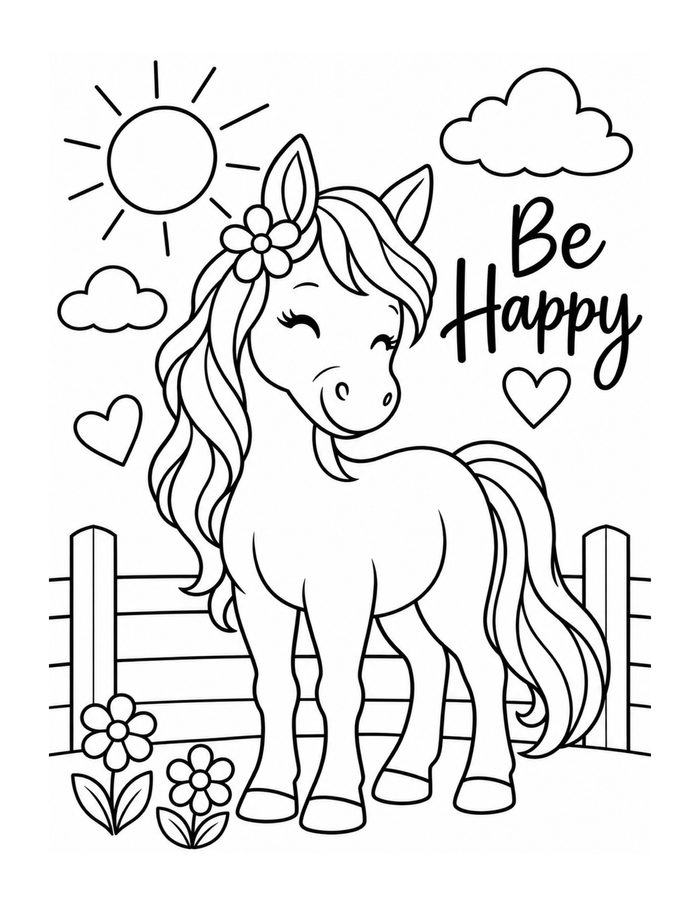 A little pony stands beside flowers and a fence beneath the words Be Happy.