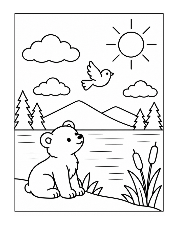A bear cub sits on the shore beneath a sunny sky and a flying bird.