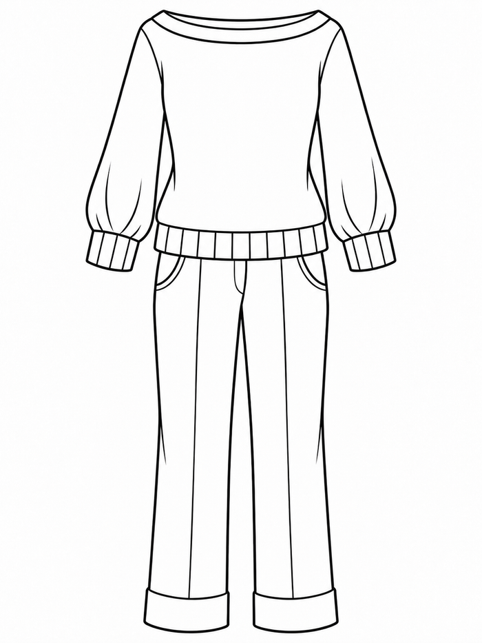 A simple boat-neck sweater is paired with relaxed pants.