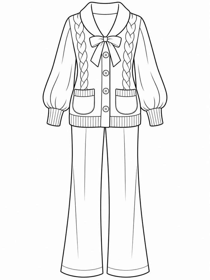 A bow-front cardigan is paired with straight-leg pants in this cozy outfit coloring page.