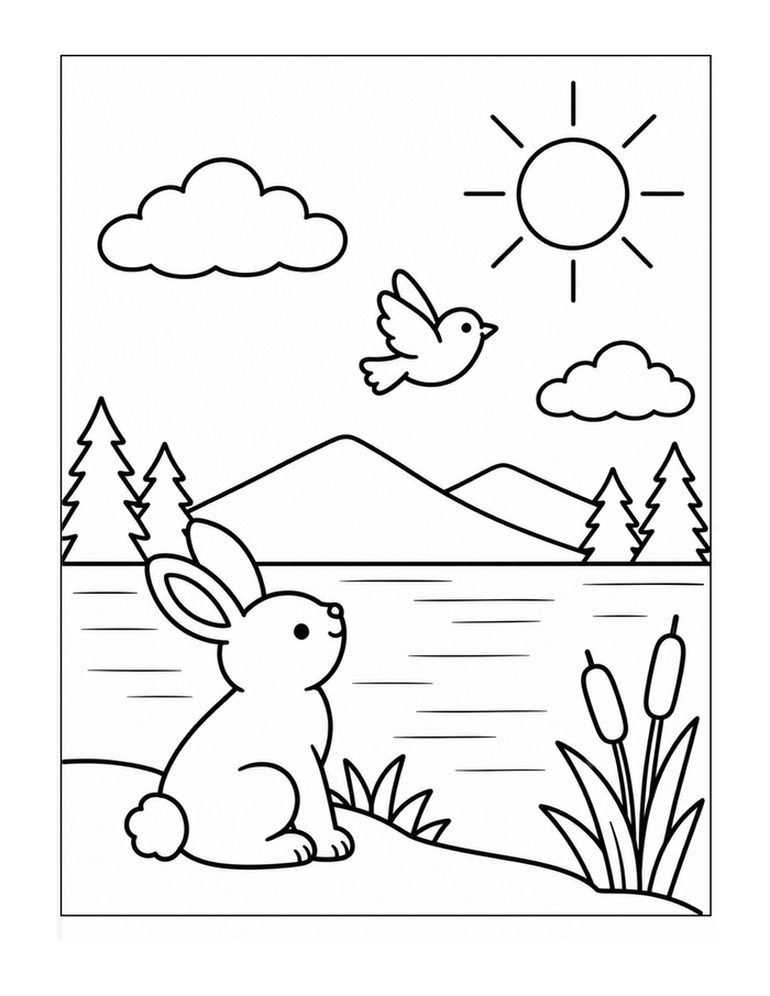 A bunny rests beside a lake with pine trees, mountains, and a bright sky.