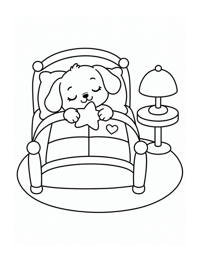 A sleepy puppy rests in a cushioned chair beside a little lamp.