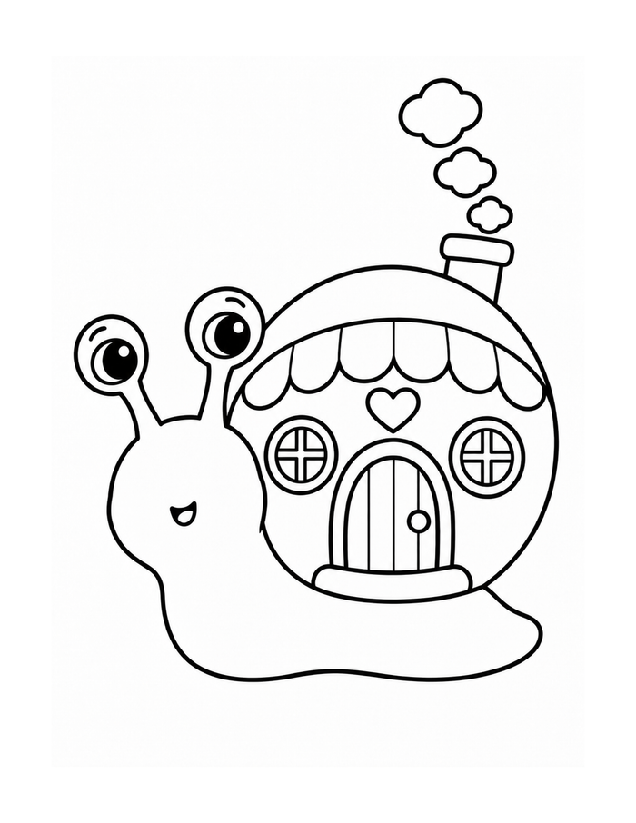 A smiling snail carries a little house in its shell, complete with a door and window.
