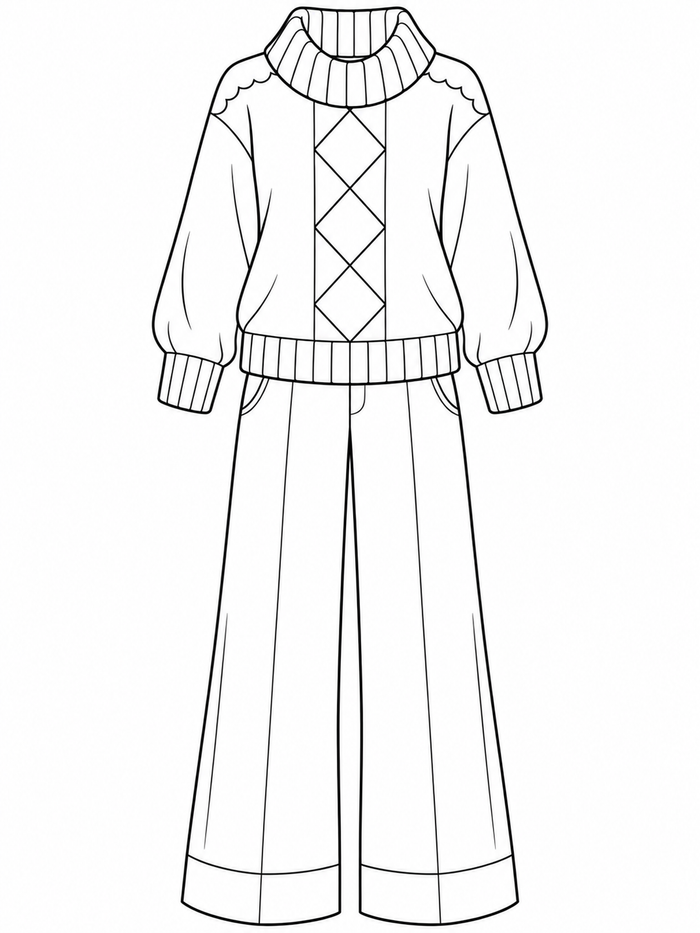 A sweater with a central diamond-knit panel is paired with wide-leg pants.