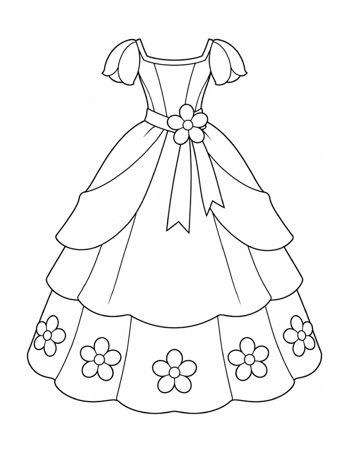 A princess gown with layered skirts, little flower accents, and a large ribbon.