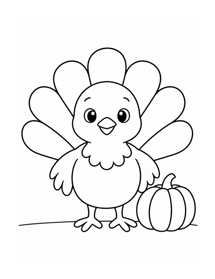 A round turkey sits beside a little pumpkin with a full fan of feathers.