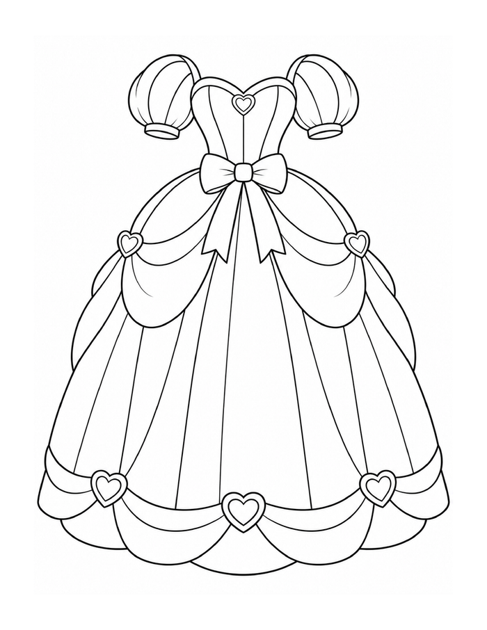 A princess dress with heart-shaped jewels, rounded sleeves, and a draped skirt.