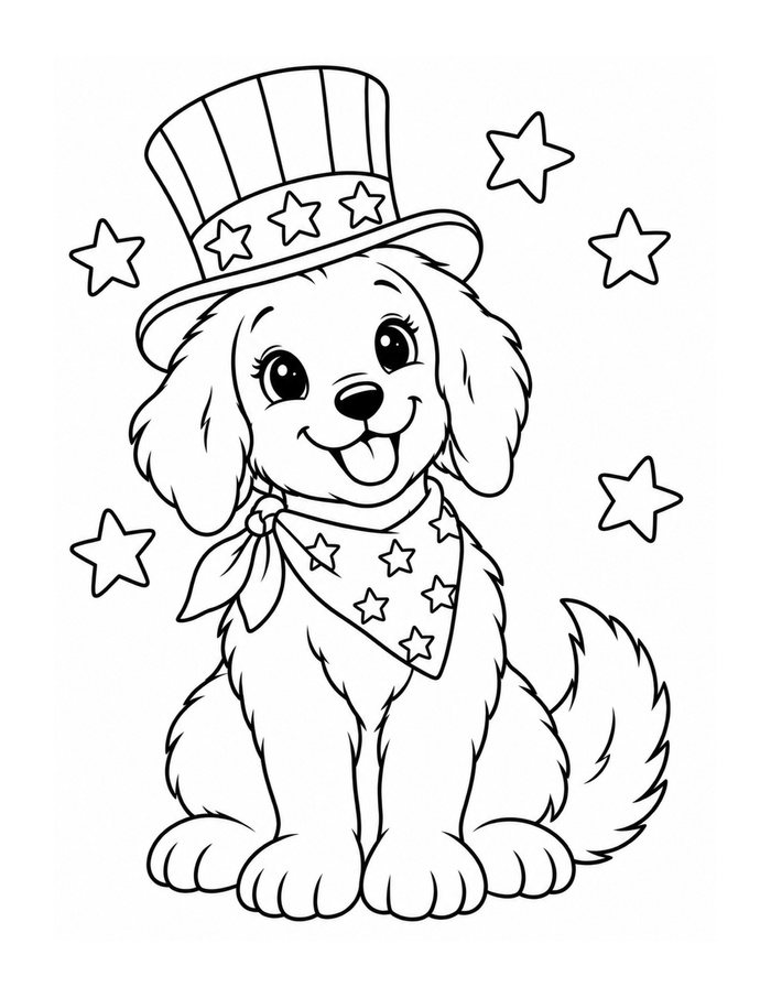 A puppy wears a stars-and-stripes-style celebration hat beneath floating stars.