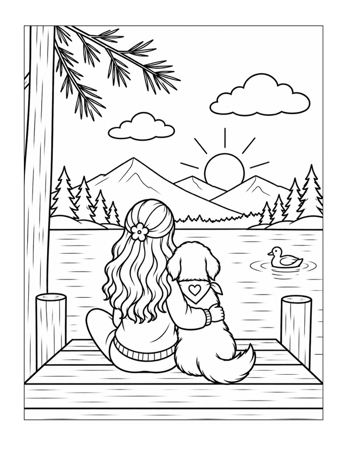 A girl and her dog sit together on a dock watching the lake at sunset.