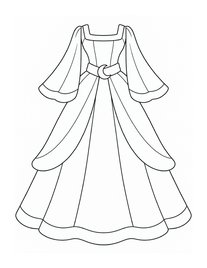A princess gown with flowing bell sleeves, long skirt panels, and a crescent at the waist.