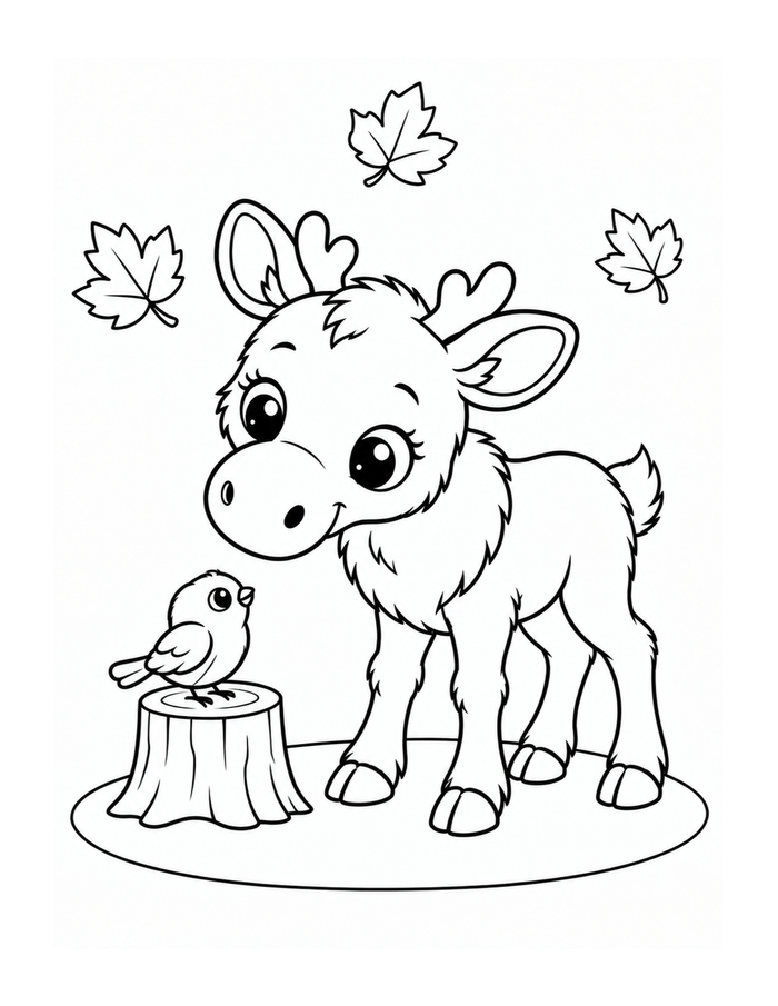 A moose calf stands beside a stump with a little bird and falling leaves.