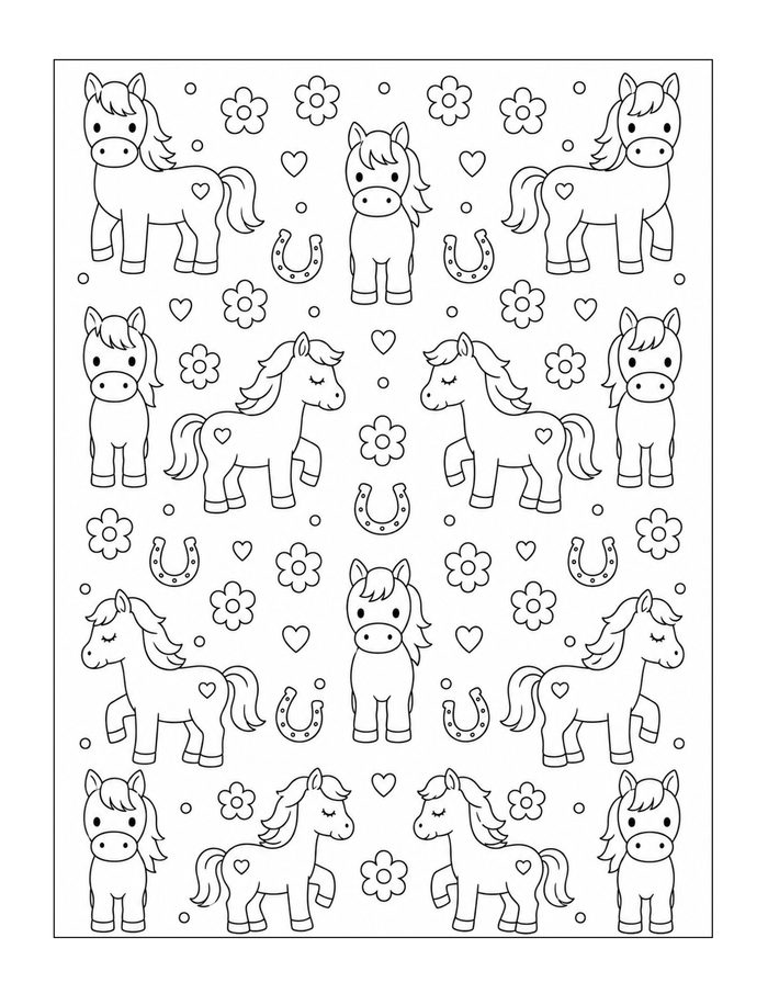 A repeating pattern of little ponies, rainbows, stars, and hearts.