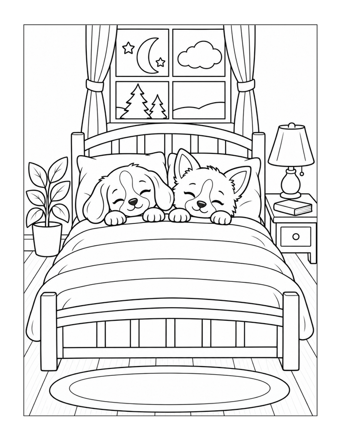 A puppy and kitten share a cozy bed below a moonlit window.