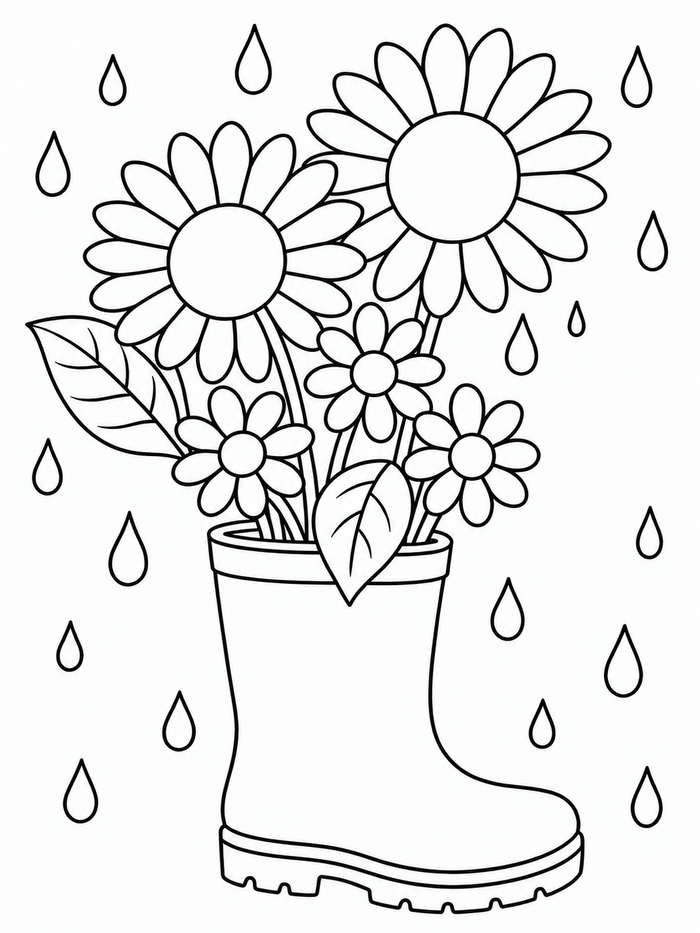 A rain boot holds a bright bouquet beneath falling raindrops.