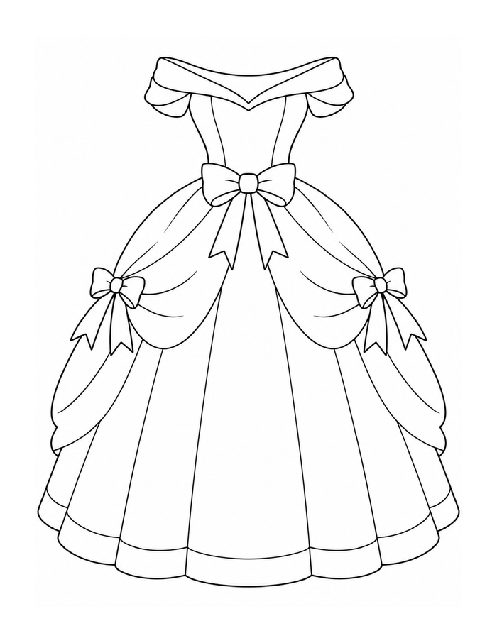 A princess ball gown with an off-the-shoulder neckline, broad drapes, and ribbon bows.