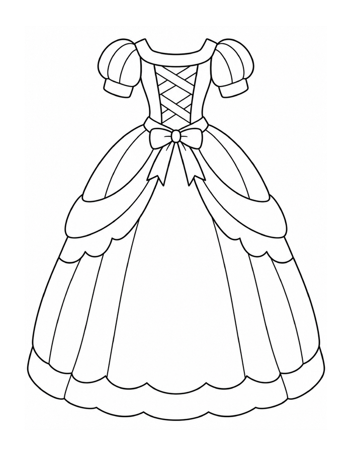 A princess dress with a ribbon-laced bodice, waist bow, and gathered skirt.