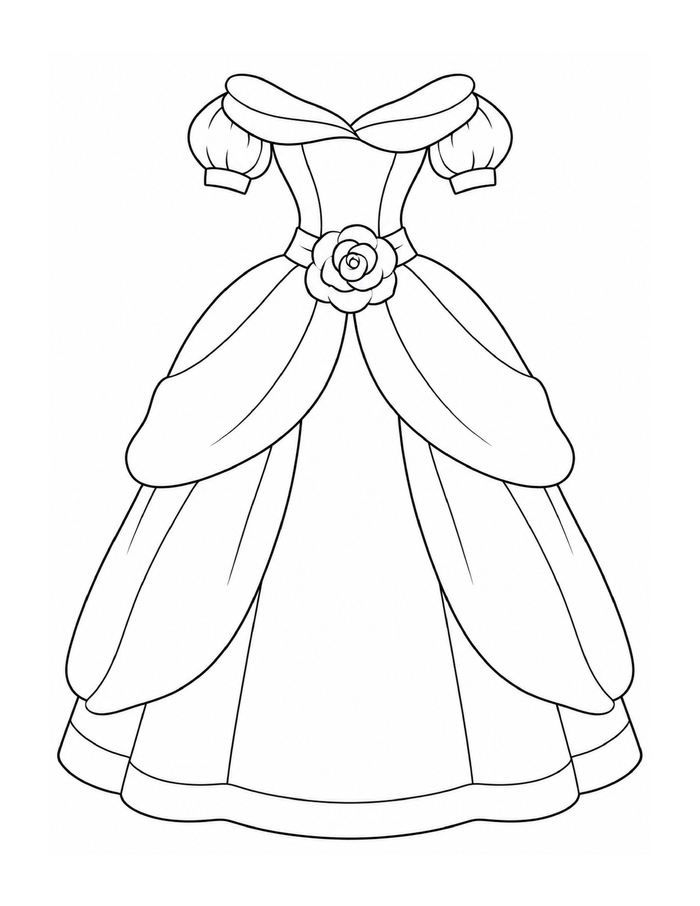 A princess gown with a rose at the waist, a petal-like neckline, and broad draped skirt panels.