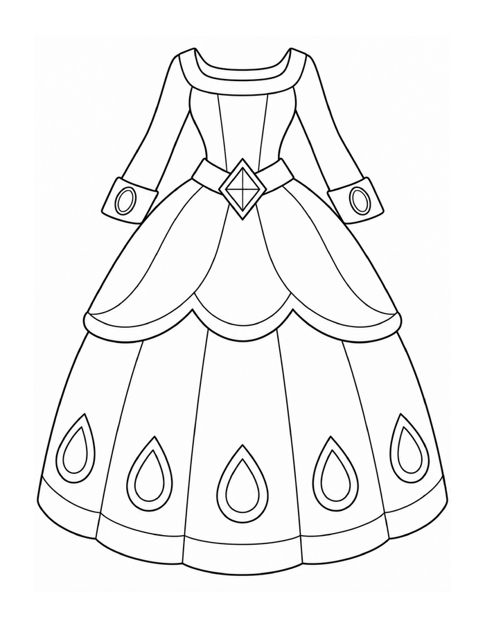 A princess gown with long sleeves, rounded side drapes, and teardrop jewel motifs.
