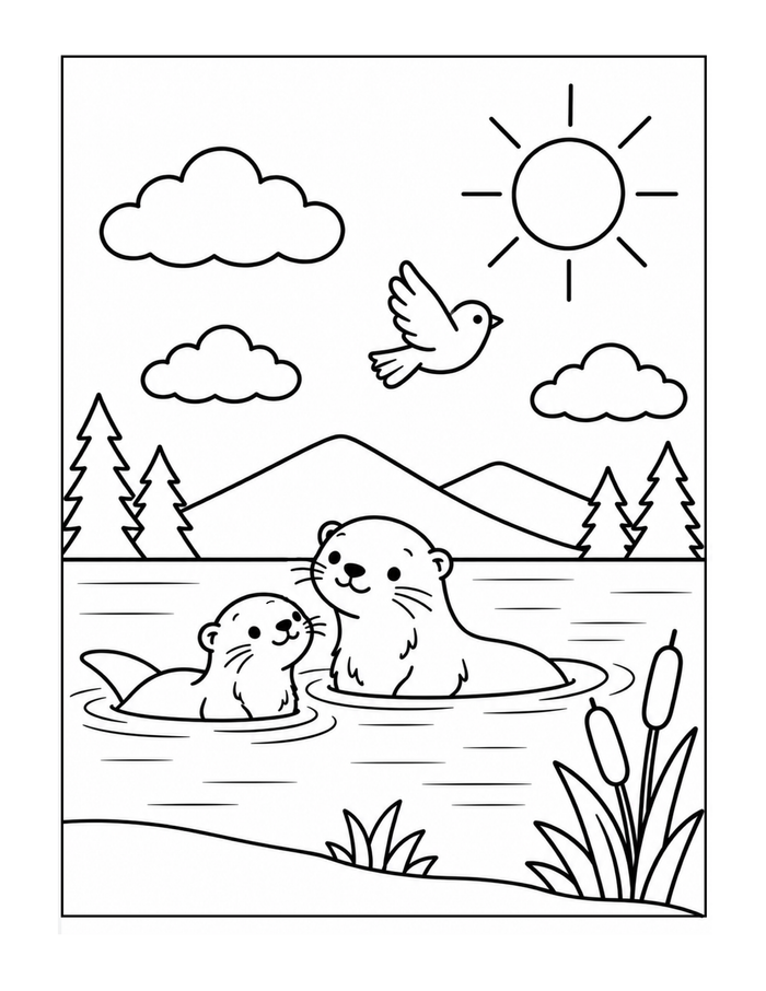 Two playful otters meet in the water beneath a sunny mountain view.