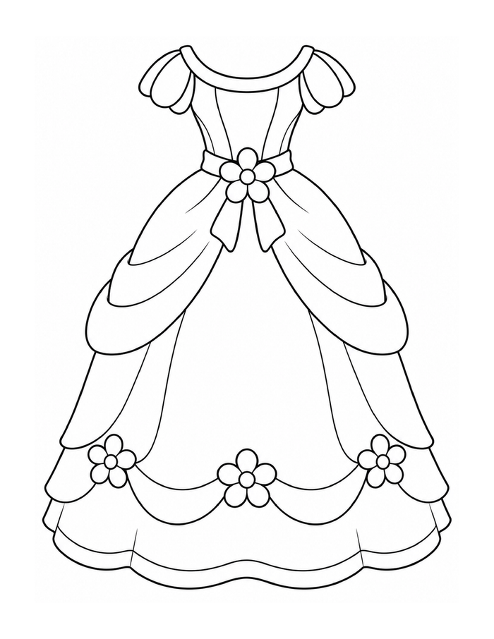 A soft princess gown with a gathered neckline, floral waist accents, and rounded petal-like layers.