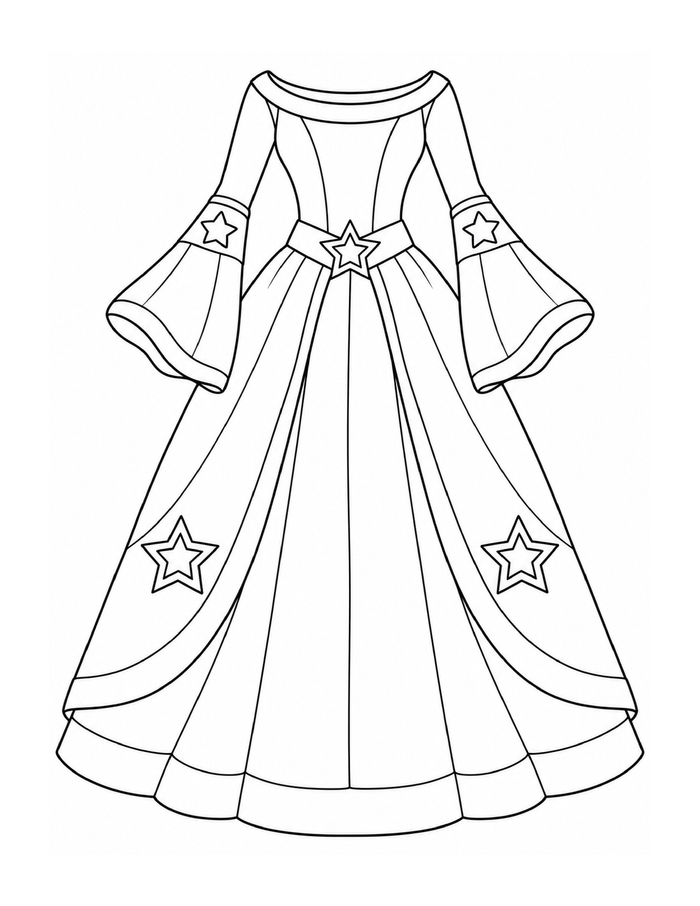 A long-sleeved princess dress with bell cuffs, flowing panels, and star details.