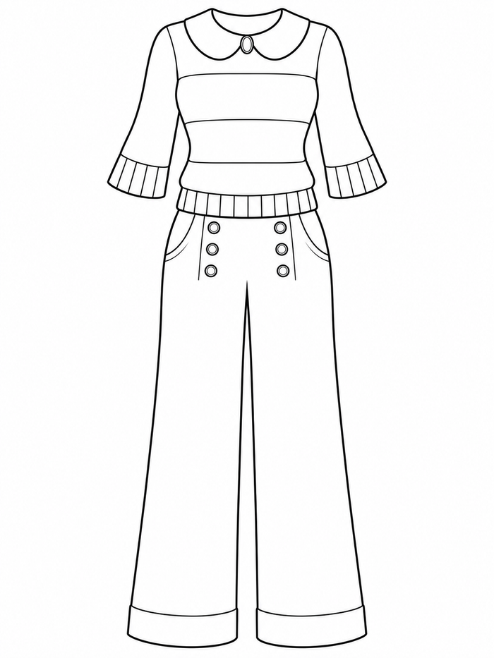 A collared striped sweater is paired with buttoned sailor-style pants.