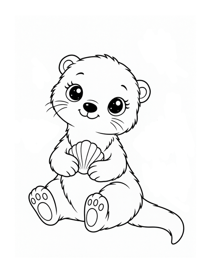 A sweet baby otter holds a seashell while sitting with its little paws forward.