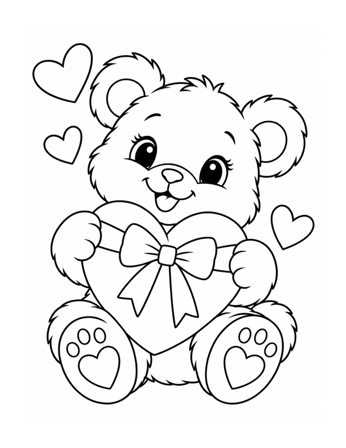 A sweet bear with a bow holds a heart beneath floating hearts.